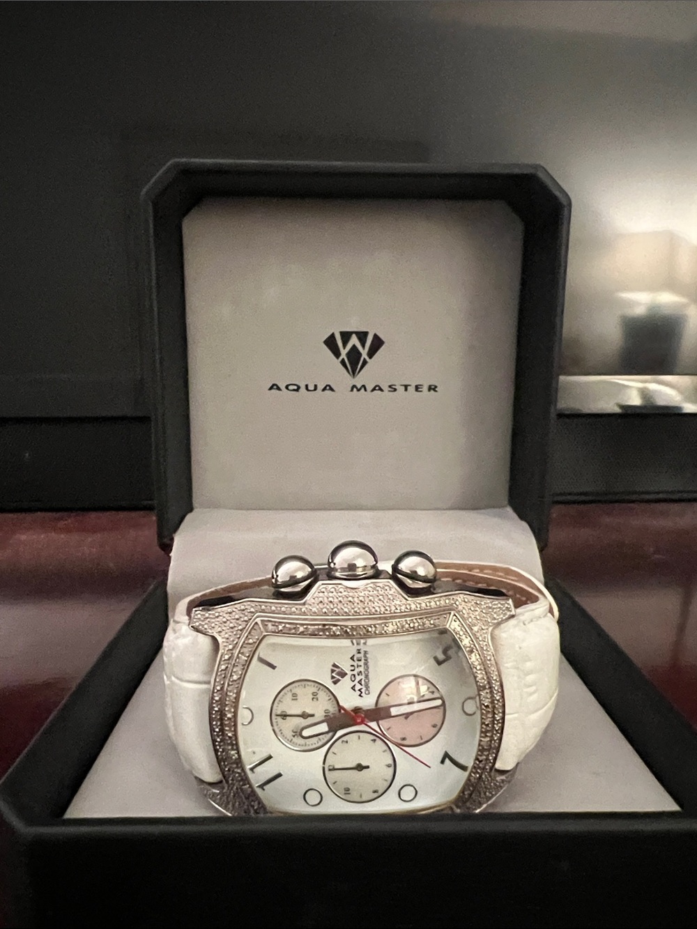 Women's White Leather Chronograph Watch with Crystal Accents